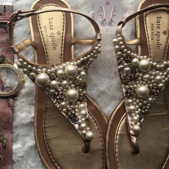 Kate Spade Gold Bejeweled Glamorous T-Strap Sandal - Picture 1 of 4